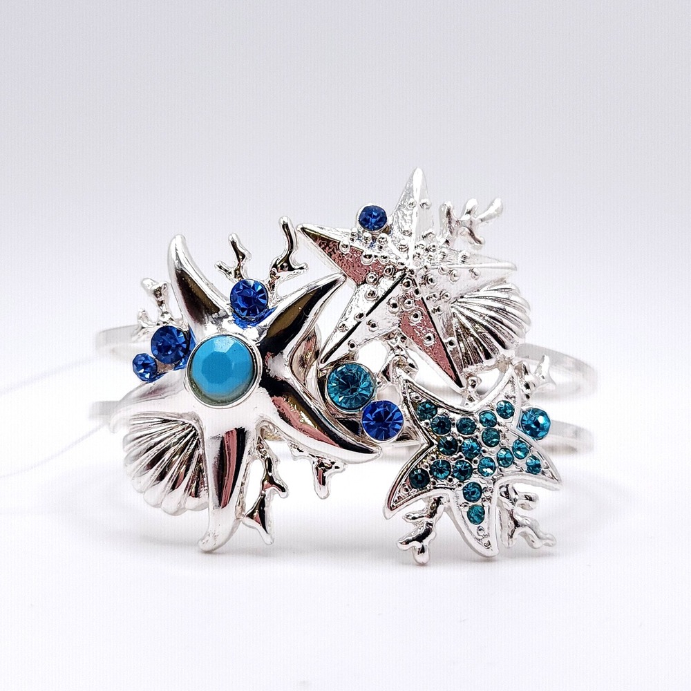 True Joy Starfish Bangle Bracelet Blue Crystal Silver Hinged‎